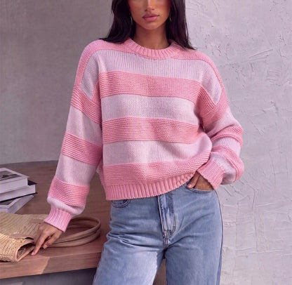 Women's Pink Striped Oversized Crewneck Sweater