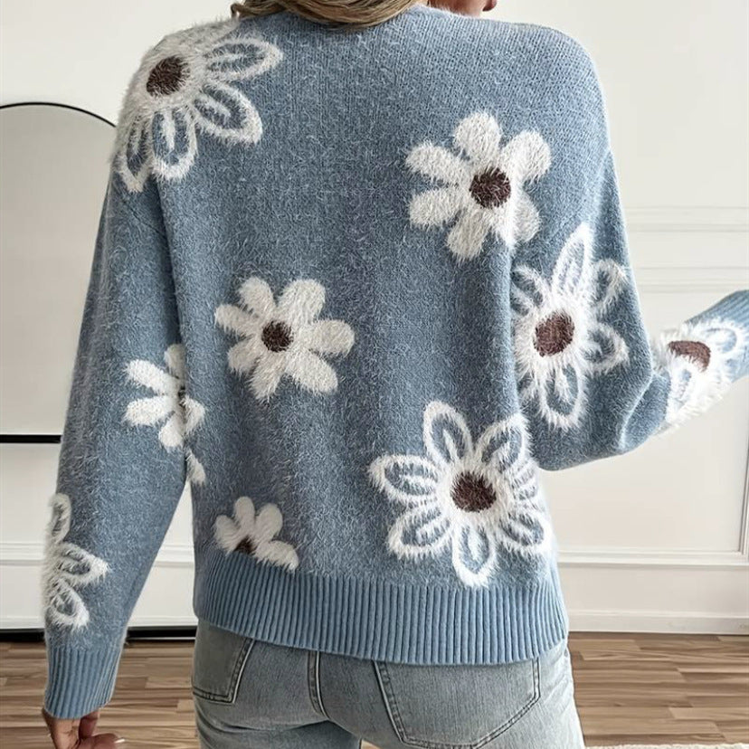 Women's Floral Fuzzy V Neck Button Cardigan Sweater