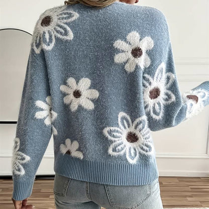 Women's Floral Fuzzy V Neck Button Cardigan Sweater