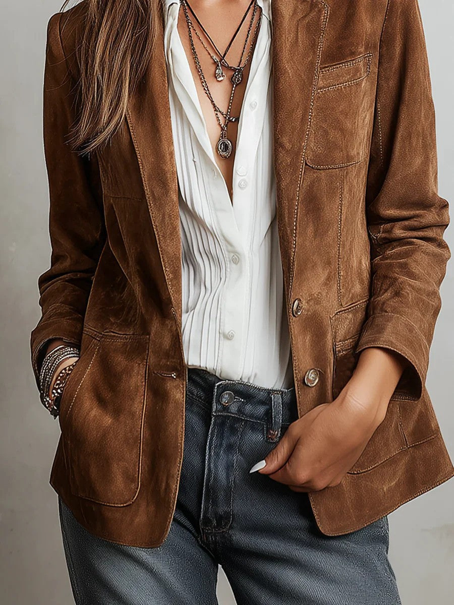 Women's Brown Faux Suede Blazer with Pockets