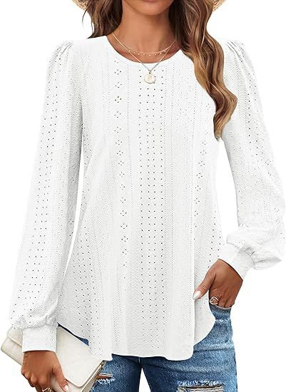 Solid Eyelet Lace Blouse Crew Neck Lantern Sleeve Top