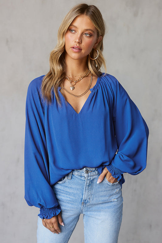 Pleated V Neck Puffy Sleeve Blouse Plus Size