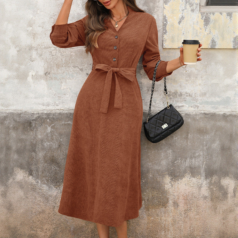 Corduroy V Neck Belted Button Front Midi Dress