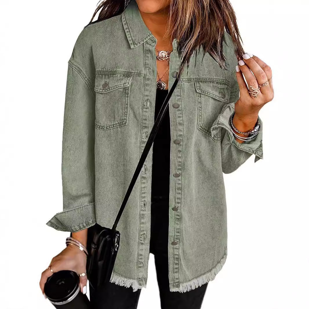 Women's Oversized Denim Shacket Frayed Hem Jacket