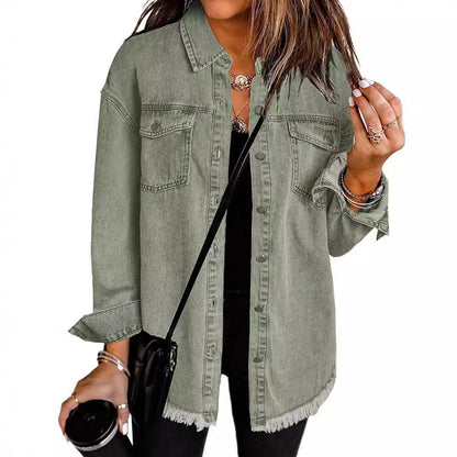 Women's Oversized Denim Shacket Frayed Hem Jacket