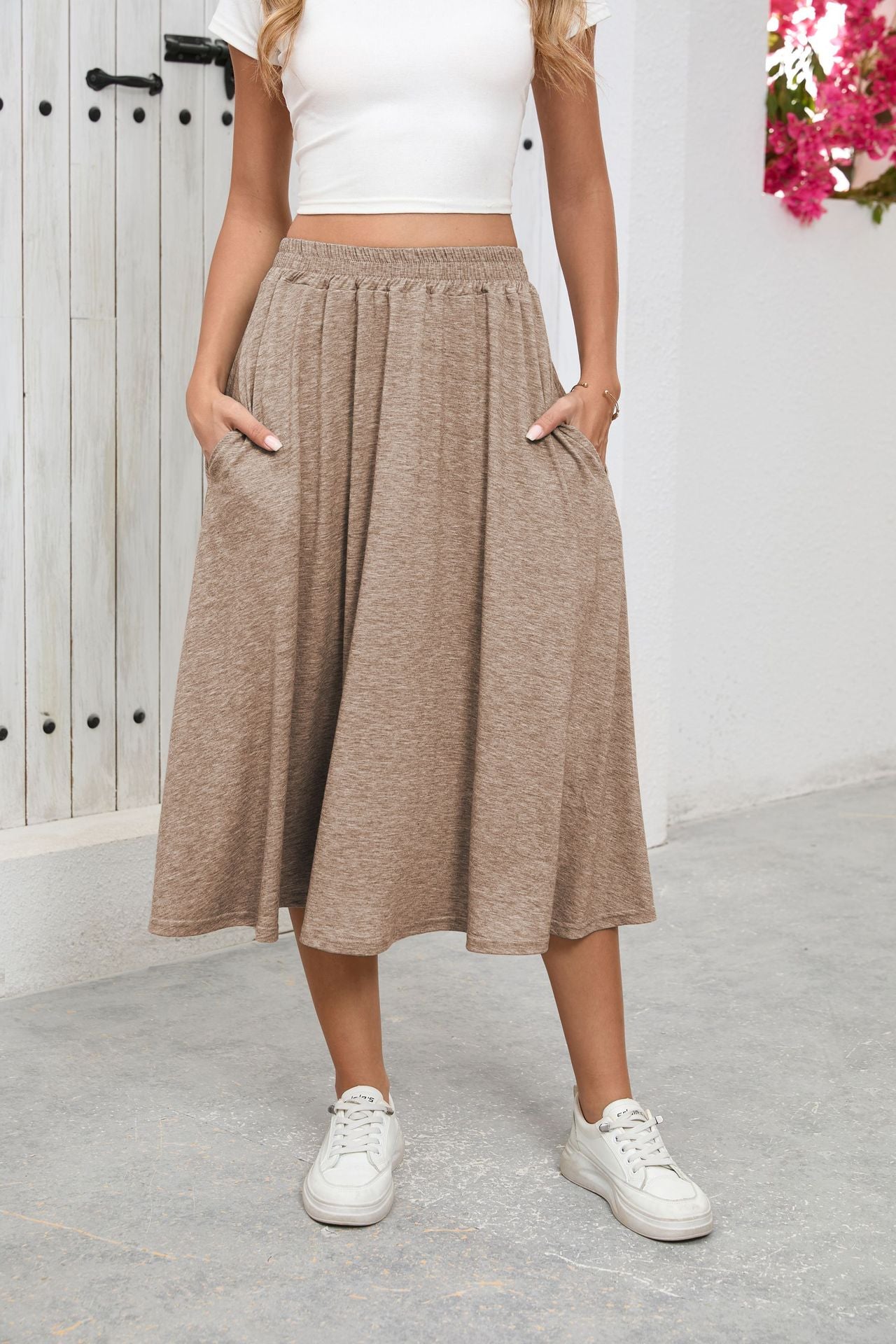 Solid Knit Midi Skirt High Waist A Line Elastic Work