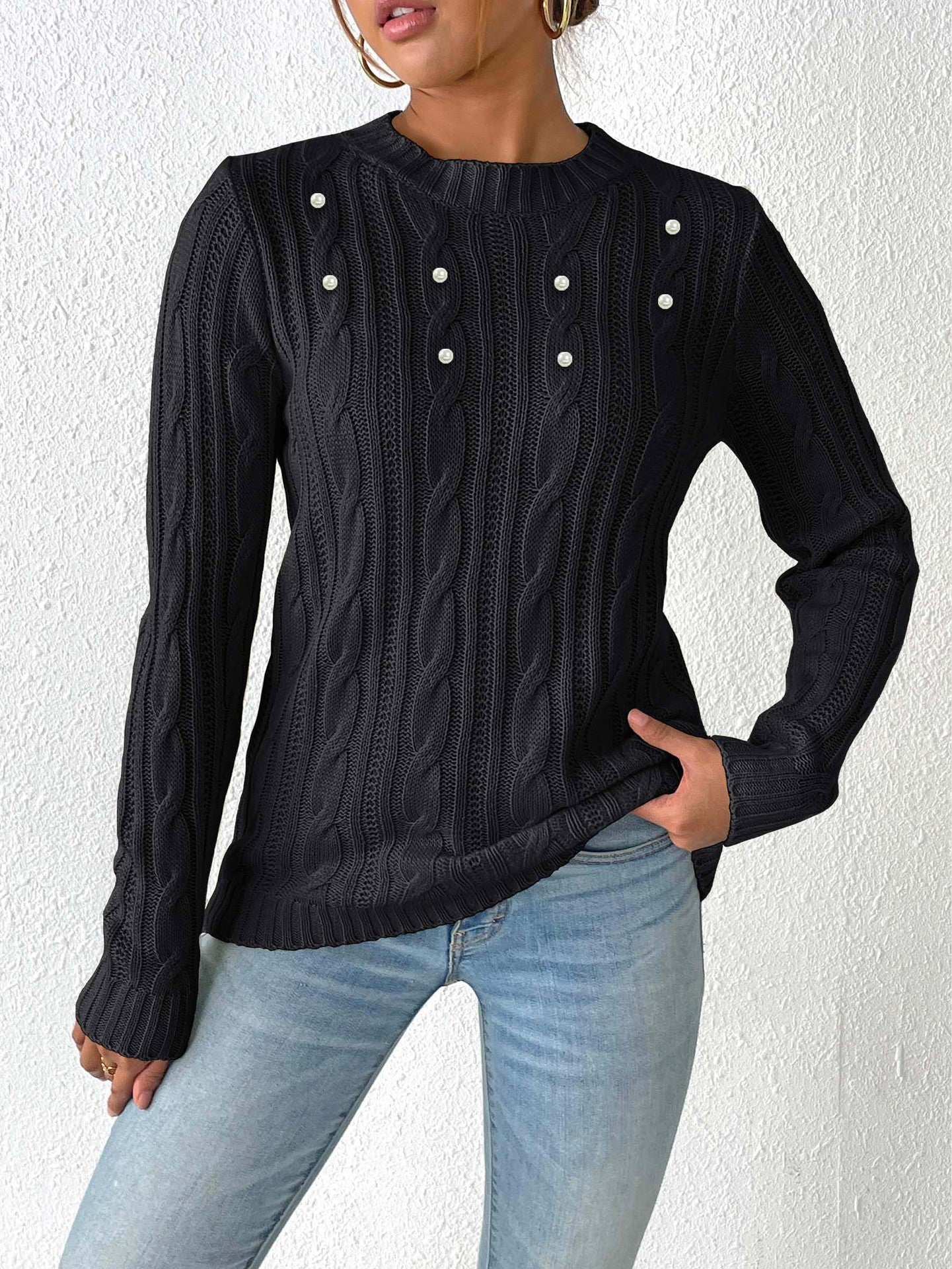 Women's Crew Neck Women's Top Simple Bottom Shirt Pearl Beads