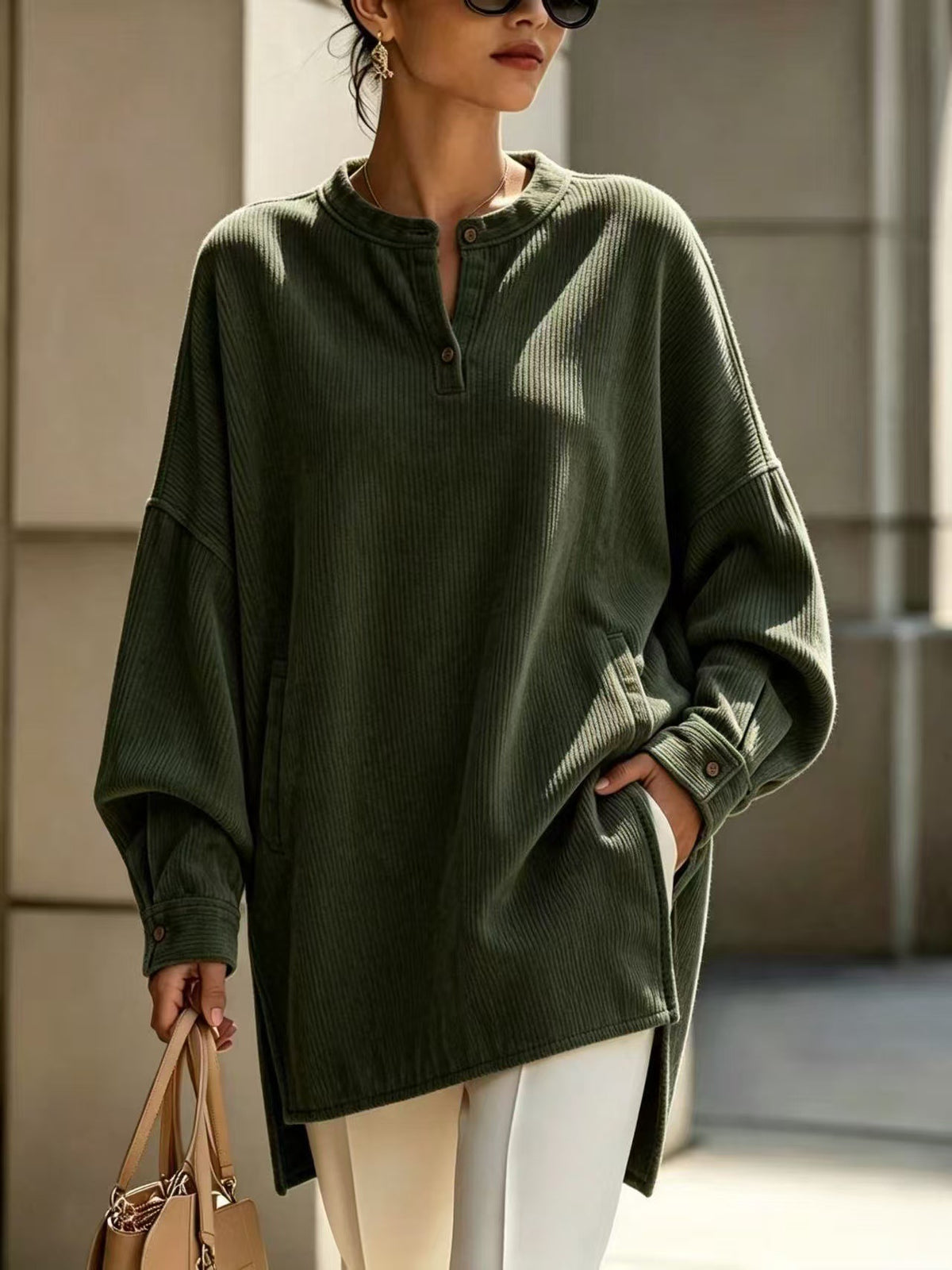 Women's Oversized Henley Tunic Textured Long Sleeve