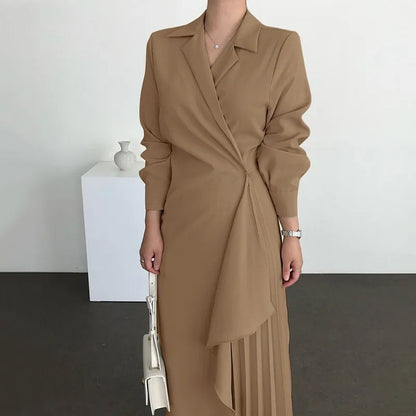 Women's Elegant Shirt Dress Long Sleeve Pleated Maxi