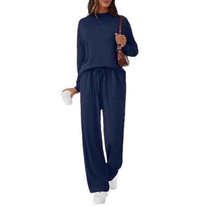 Women's Matching Lounge Set Mock Neck Wide Leg Pocket Pants