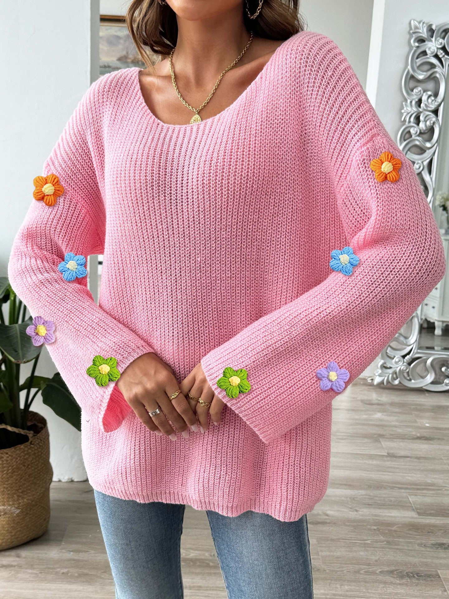 Off-Shoulder Knit Sweater with Crochet Flower Detail