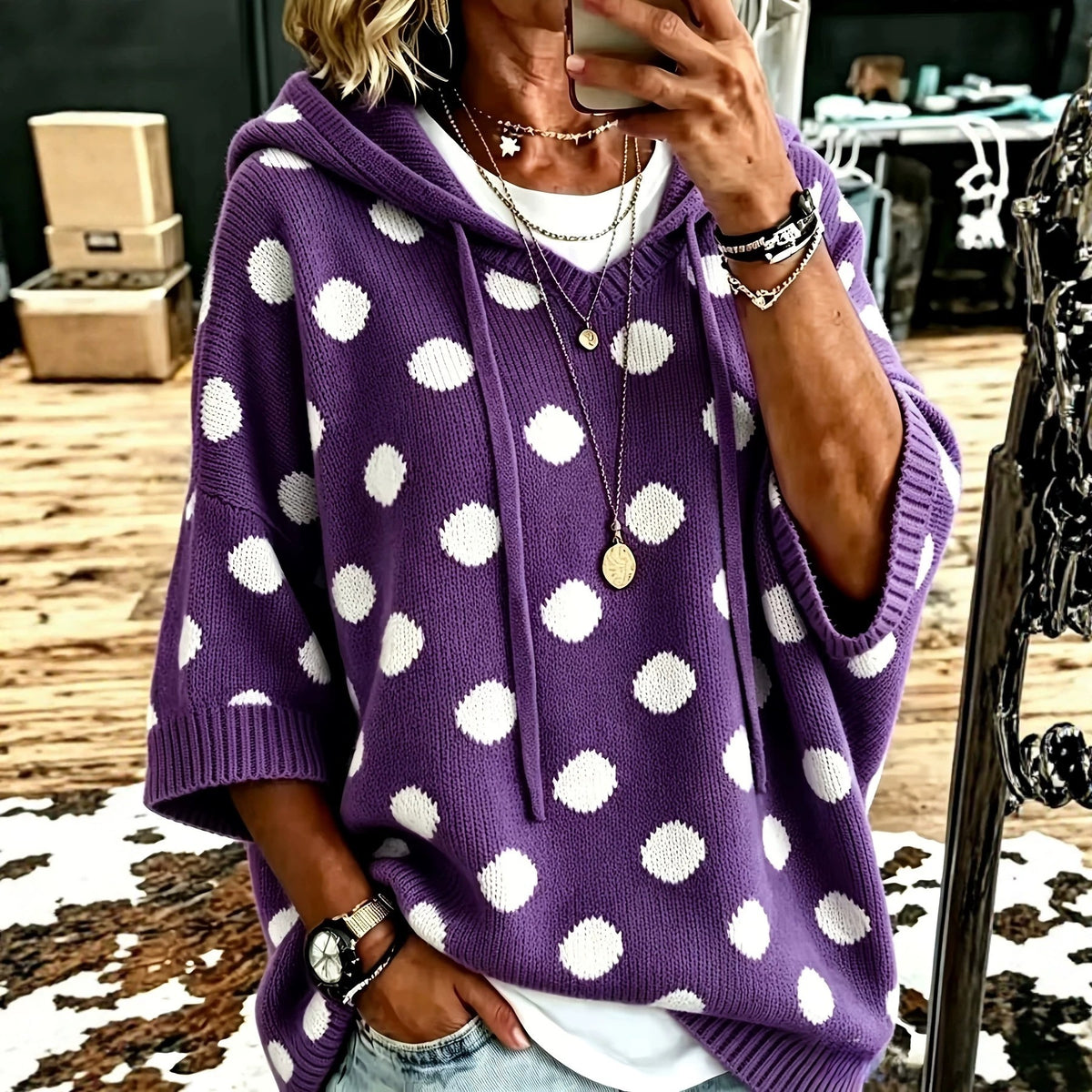 Women's Polka Dot Hooded Knit Sweater Oversized 3/4 Sleeve
