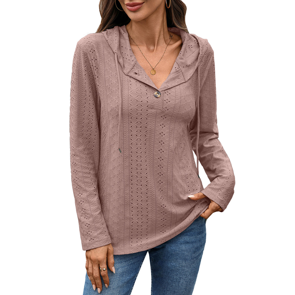 Women's Eyelet Button Hoodie Long Sleeve Tunic Top
