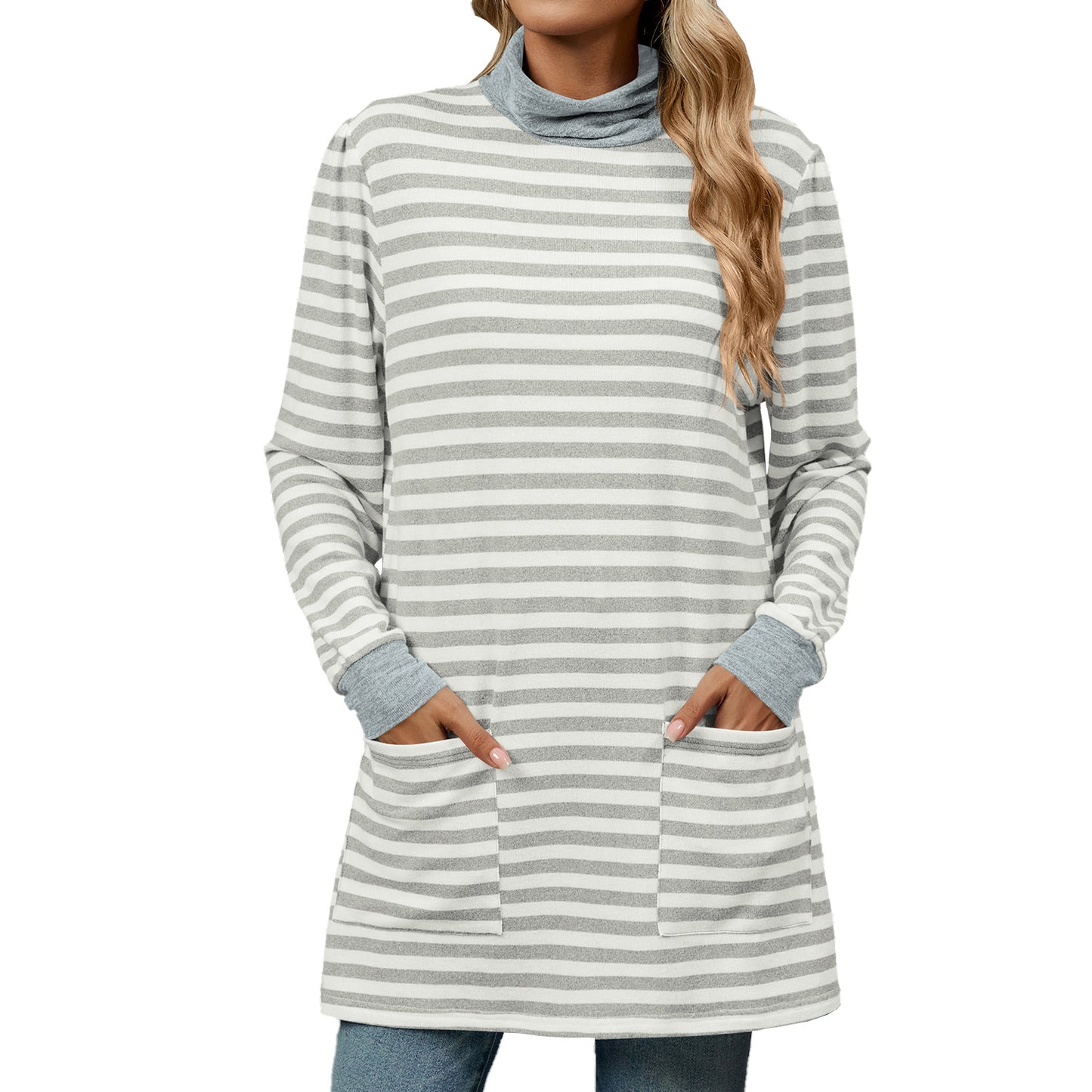 Oversized Striped Turtleneck Tunic Long Sleeve with Pockets