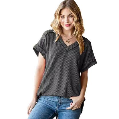 Trendy V-neck Jacquard Knit Loose Short Sleeve T-shirt