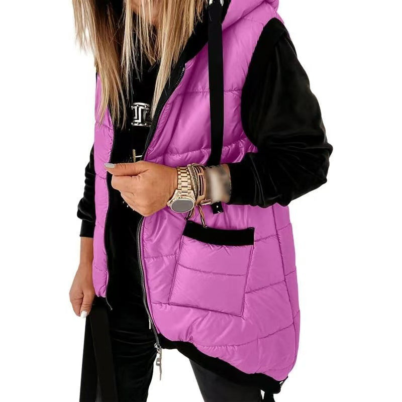 Oversized Hooded Zip-Up Puffer Vest with Pockets