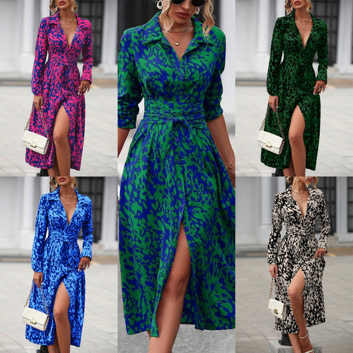 Women's Printed Long Sleeve Belted Midi Shirt Dress Slit