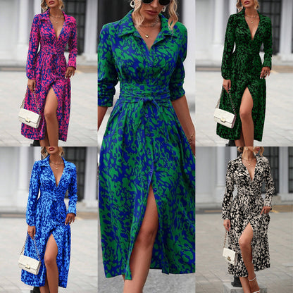 Women's Printed Long Sleeve Belted Midi Shirt Dress Slit