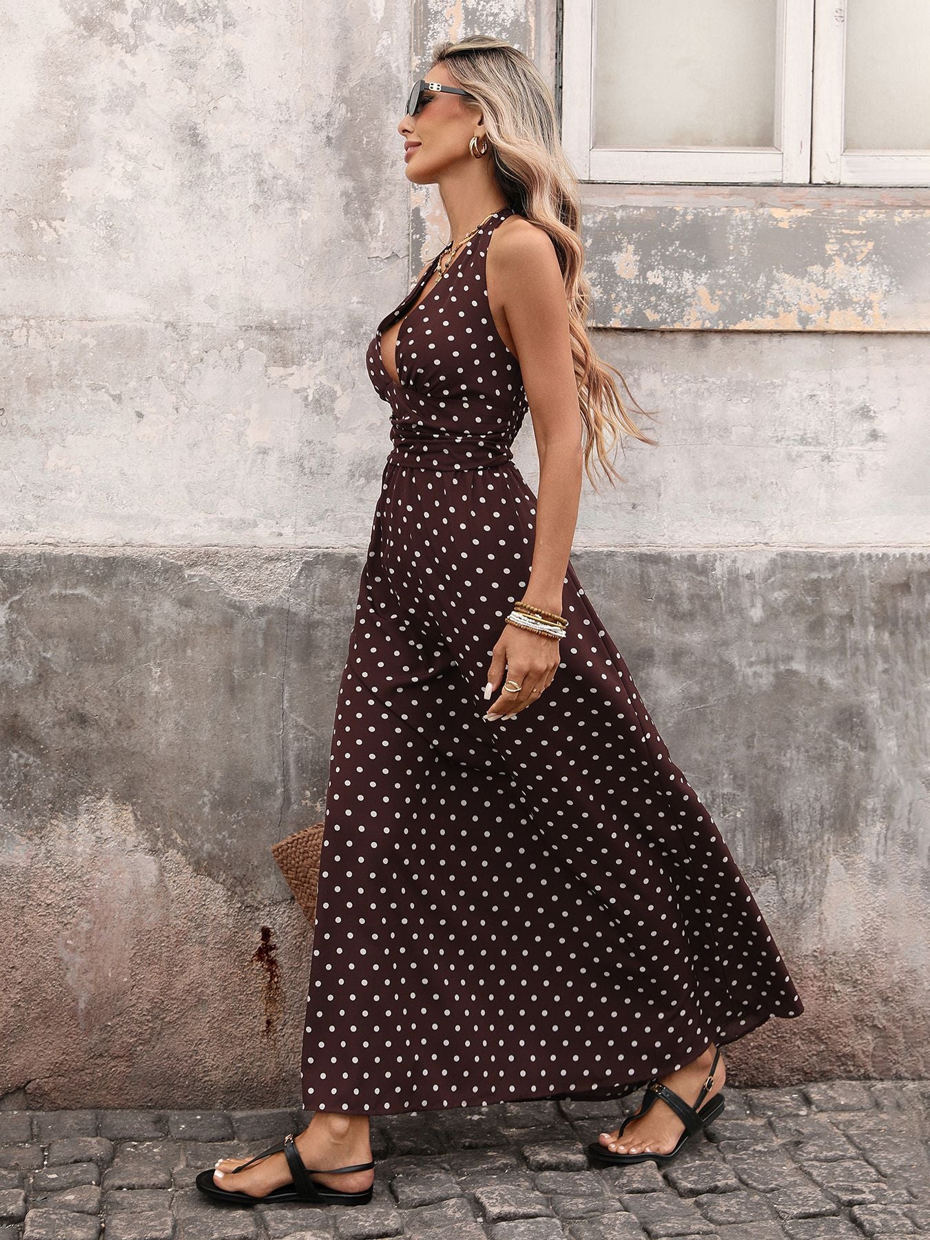 Black Polka Dot Halter Deep V Maxi Dress Summer