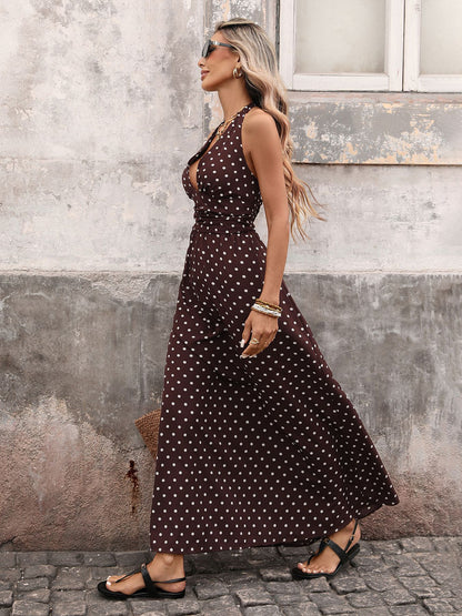 Black Polka Dot Halter Deep V Maxi Dress Summer