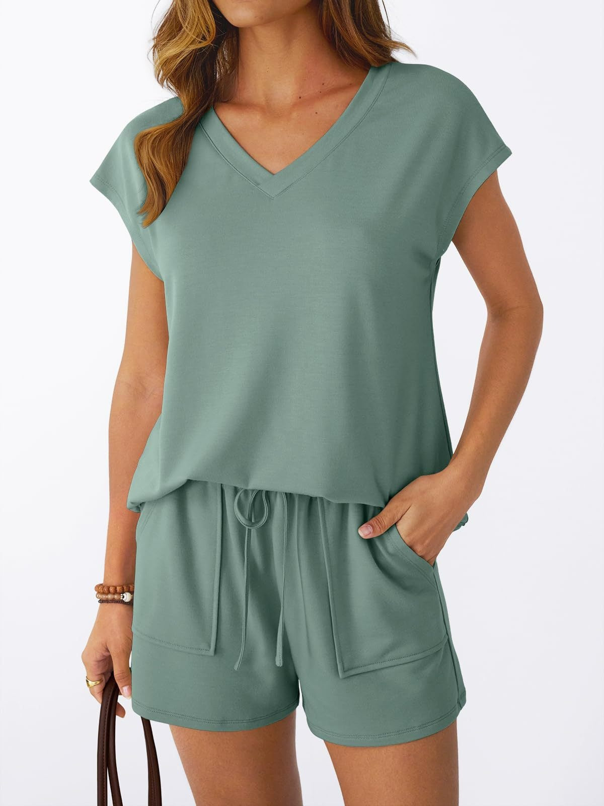 V Neck Casual Lounge Set Short Sleeve Top and Shorts