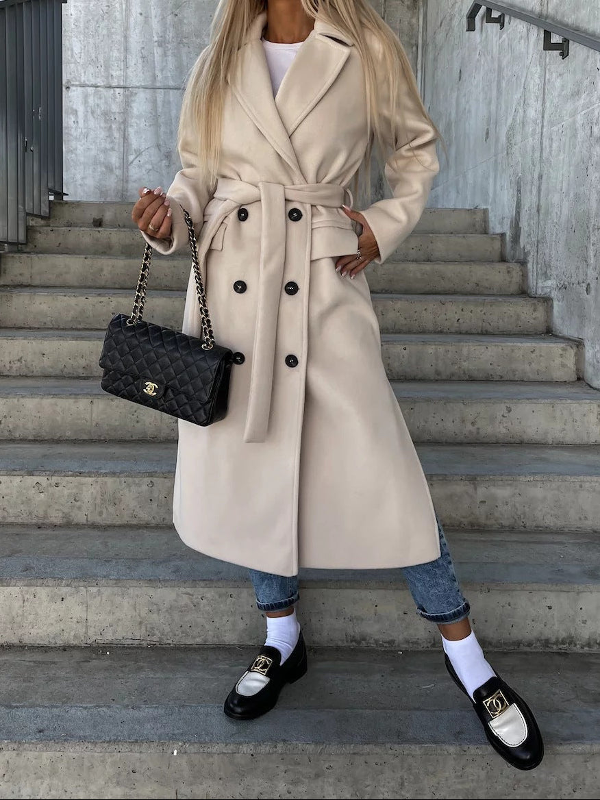 Women's Lapel Button Front Long Coat with Slit