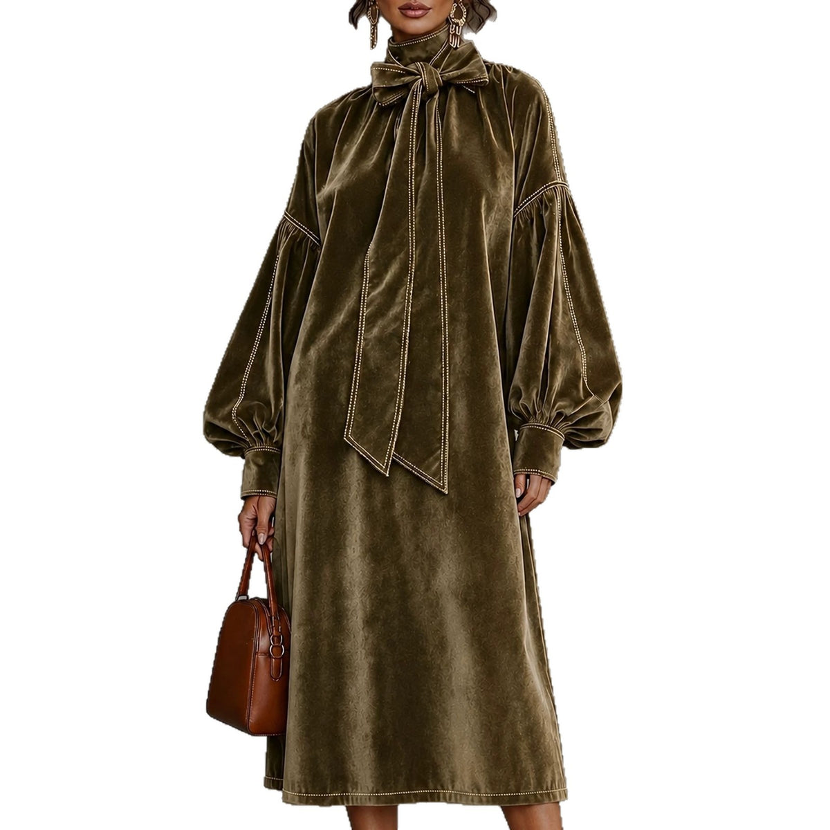 Elegant Velvet Tie Neck Midi Dress Long Puff Sleeve