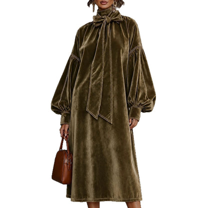 Elegant Velvet Tie Neck Midi Dress Long Puff Sleeve