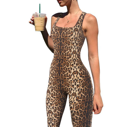 Women's Animal Print Square Neck Backless Bodycon Jumpsuit