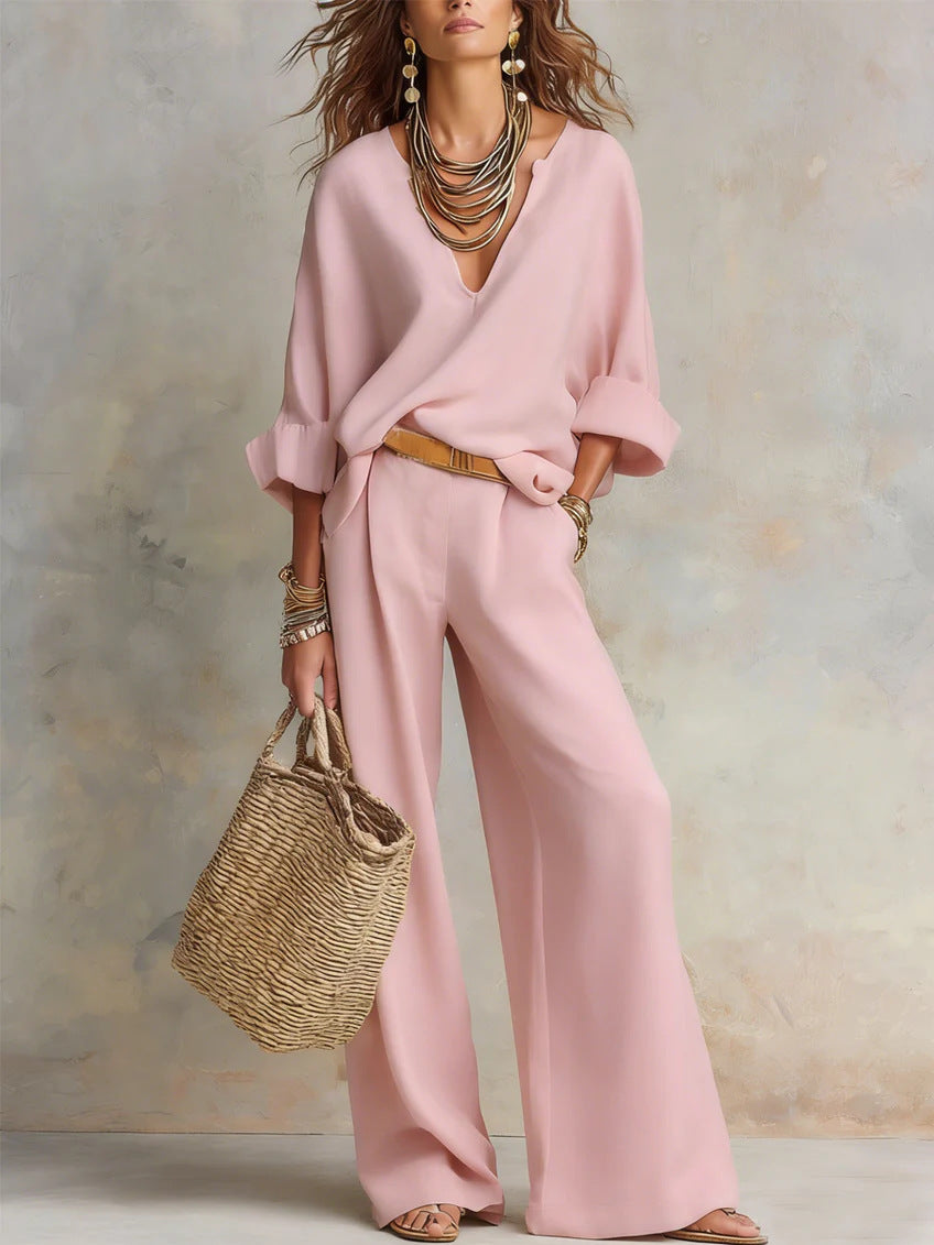 Women's Linen V-Neck Wide Leg Pants Two Piece Set