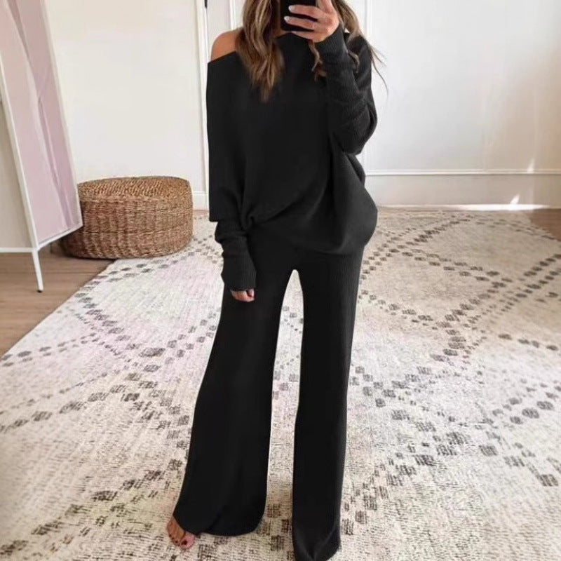 Women's Off Shoulder Knit Sweater Wide Leg Pants Lounge Set