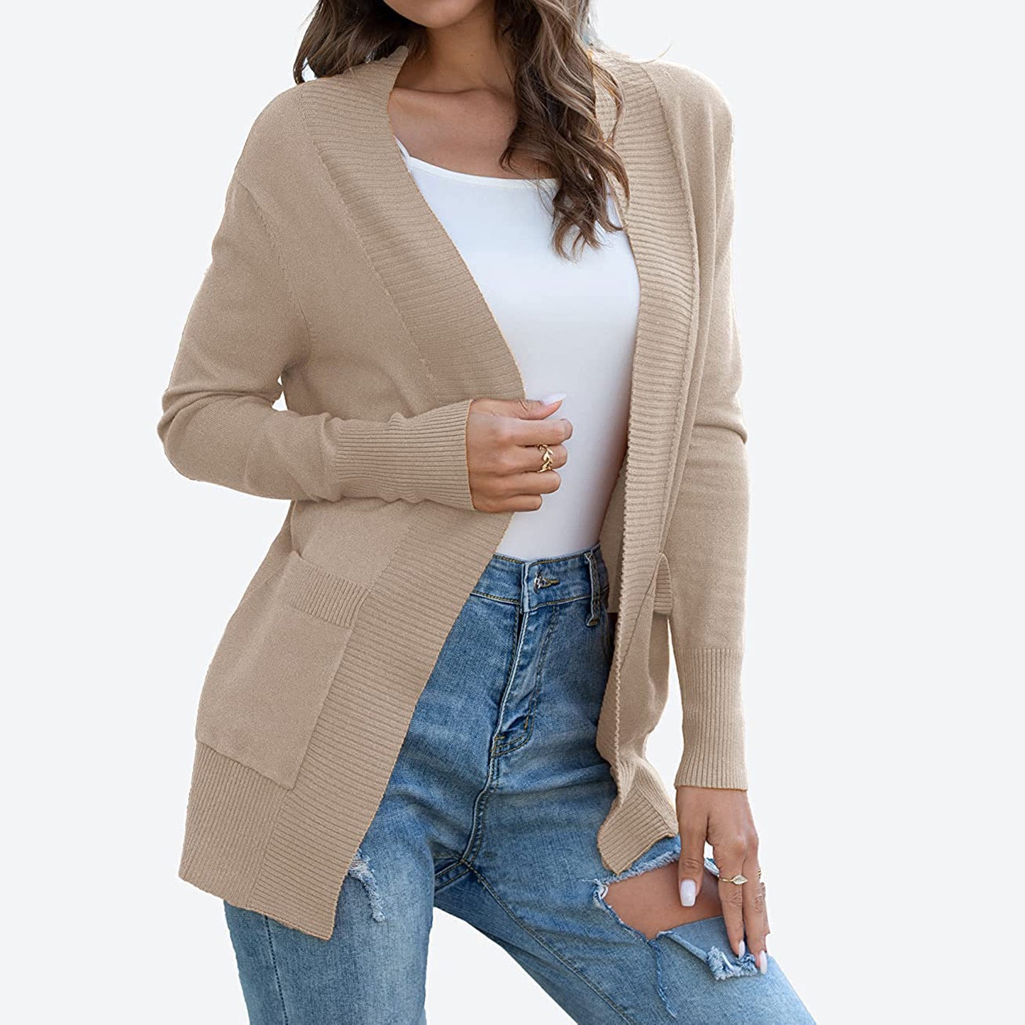 Women's Open Front Knit Cardigan with Pockets Long Sleeve