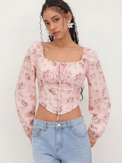 Pink Floral Square Neck Puff Sleeve Tie Front Crop Blouse