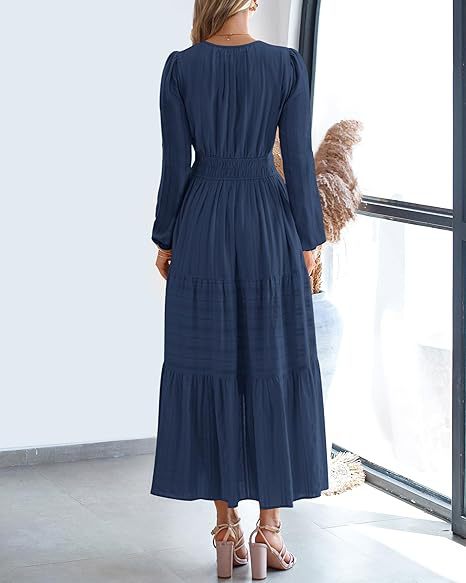 Women's V-Neck Long Sleeve Tiered Maxi Smocked Cotton Dress