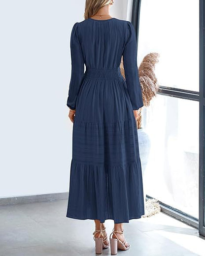 Women's V-Neck Long Sleeve Tiered Maxi Smocked Cotton Dress
