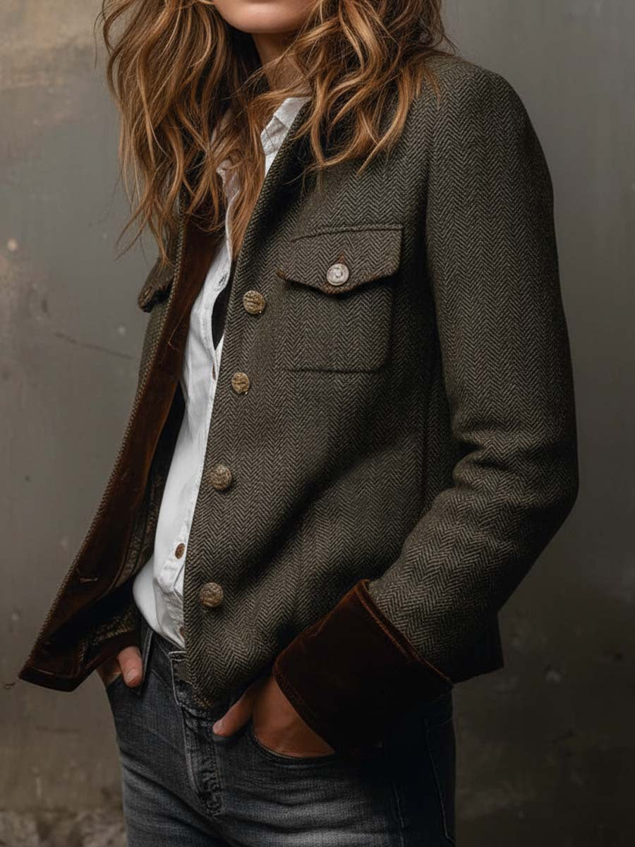 Women's Herringbone Tweed Blazer Olive Velvet Trim