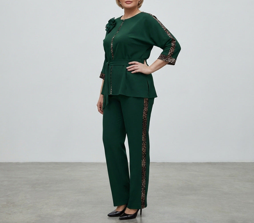 Women's Elegant Belted 2-Piece Floral Pant Set