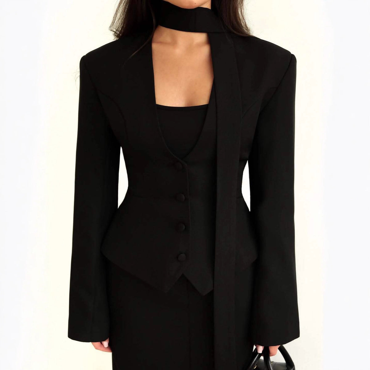 Women's V-Neck Fitted Long Sleeve Tie Blazer