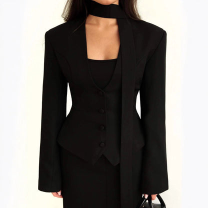 Women's V-Neck Fitted Long Sleeve Tie Blazer