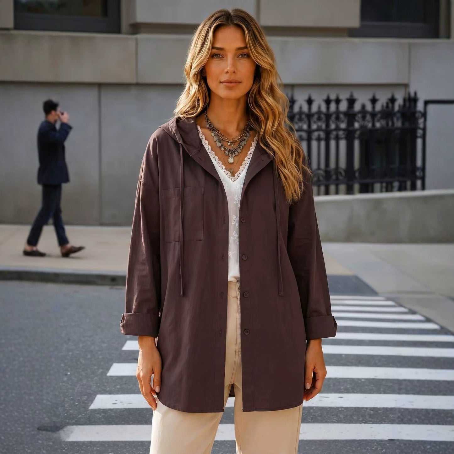 Women's Oversized Hooded Utility Button Up Shacket