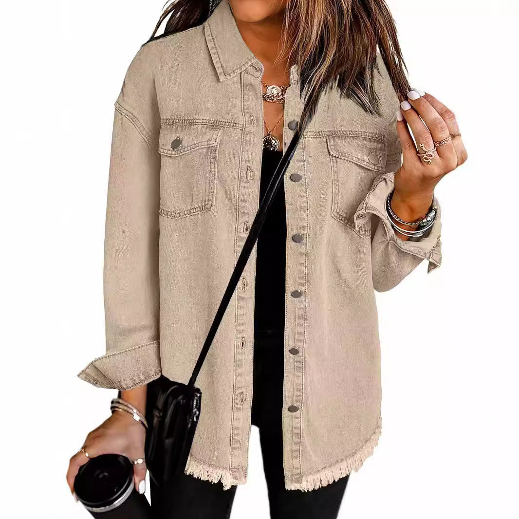 Women's Oversized Denim Shacket Frayed Hem Jacket
