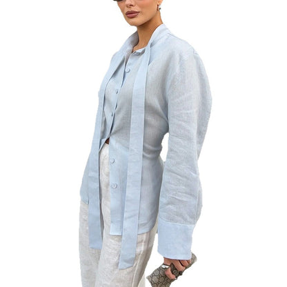 Women's Tie Neck Button Down Shirt Long Sleeve Cotton