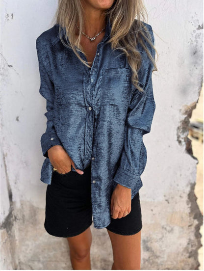 Women's Metallic Suede Button Down Shirt Long Sleeve Tunic