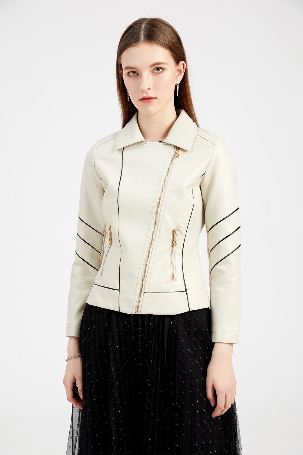 Women's Cropped Faux Leather Moto Jacket Zip Up