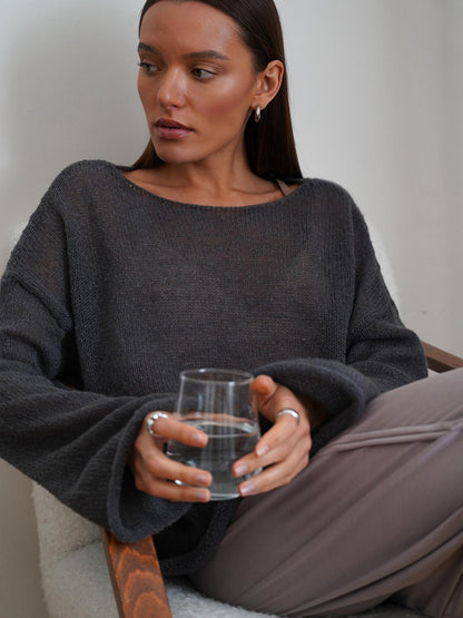 Sheer Knit Pullover Sweater Long Sleeve Loose Fit Top