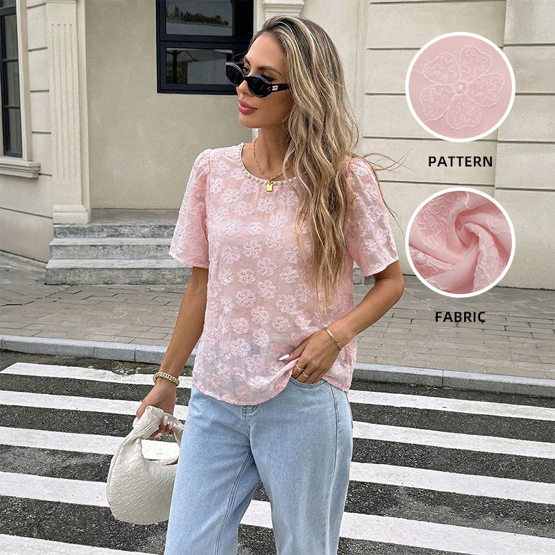 Pink Floral Jacquard Puff Sleeve Blouse Pearl Neck Top