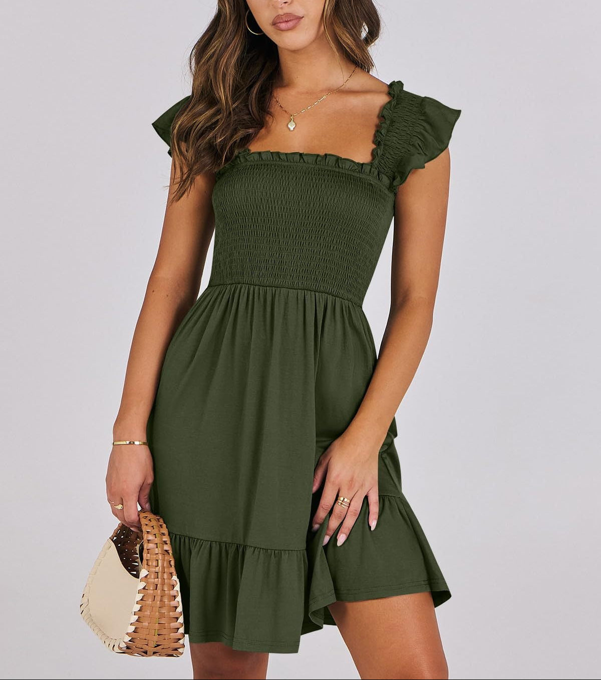 Smocked Square Neck Ruffle Sleeve Midi Dress