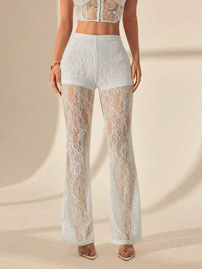 Women's Sexy Lace Patchwork Sheer High Waist Flare Pants