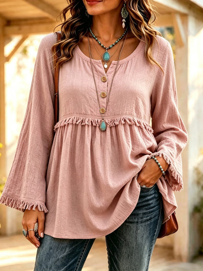Boho Fringe Button Front Long Sleeve Casual Top