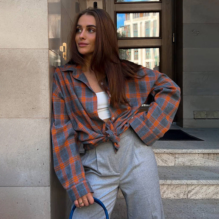 Women's Oversized Plaid Long Sleeve Button Down Shirt